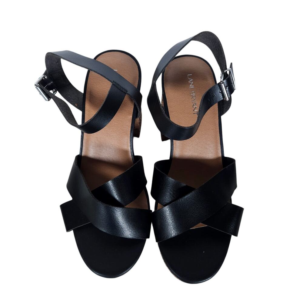 Lane Bryant Platform Sandals 10 Black Vegan Leather Cork Block Heel Strappy - Picture 5 of 10